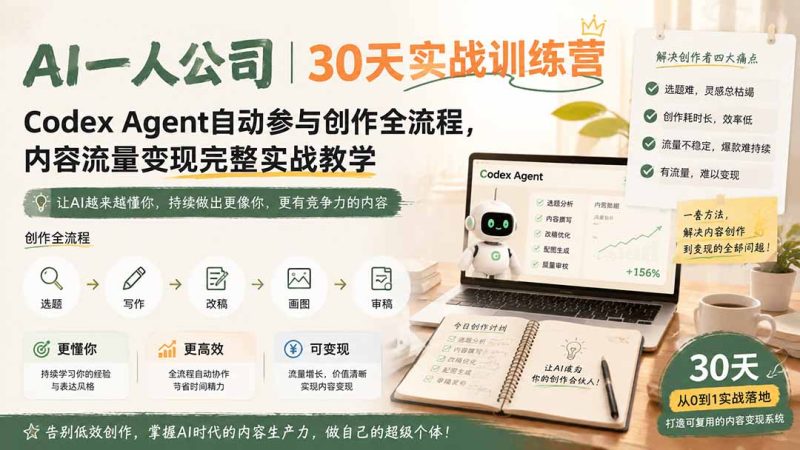 AI一人公司|30天实战训练营;Codex Agent自动参与创作全流程,内容流量变现完整实战教学 - 严选资源大全 - 严选资源大全