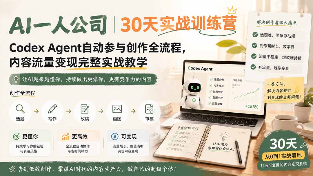 AI一人公司|30天实战训练营;Codex Agent自动参与创作全流程,内容流量变现完整实战教学 - 严选资源大全