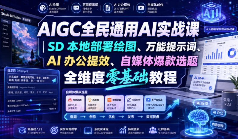 AIGC全民通用AI实战课|SD本地部署绘图、万能提示词、AI办公提效、自媒体爆款选题全维度零基础教程 - 严选资源大全 - 严选资源大全