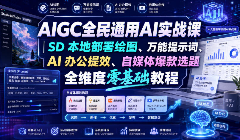 AIGC全民通用AI实战课|SD本地部署绘图、万能提示词、AI办公提效、自媒体爆款选题全维度零基础教程 - 严选资源大全