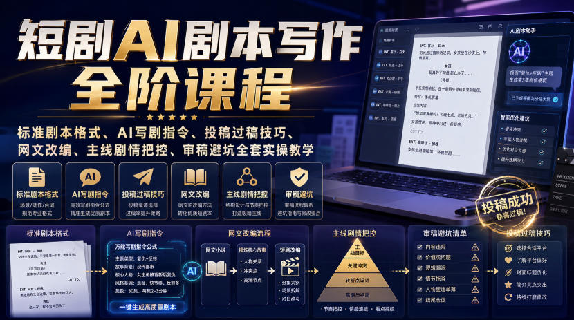 短剧AI剧本写作全阶课程|标准剧本格式、AI写剧指令、投稿过稿技巧、网文改编、主线剧情把控、审稿避坑全套实操教学 - 严选资源大全