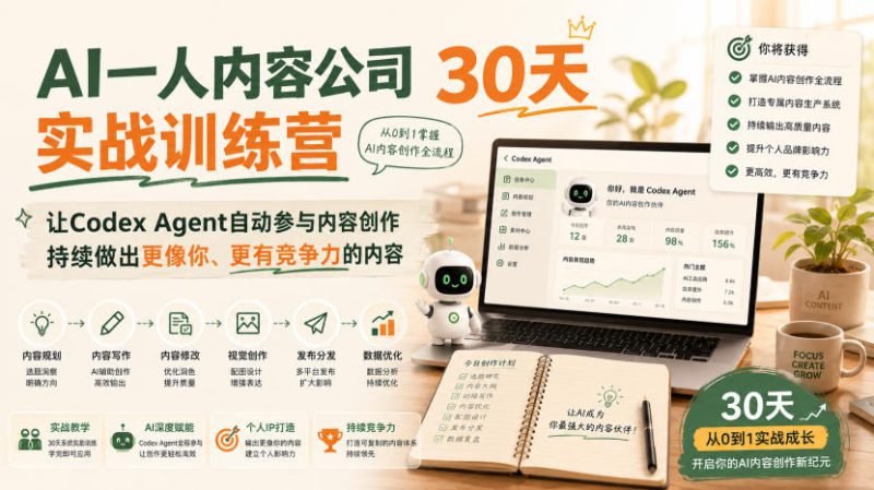 AI一人内容公司30天实战训练营，让Codex Agent自动参与内容创作持续做出更像你、更有竞争力的内容 - 严选资源大全 - 严选资源大全