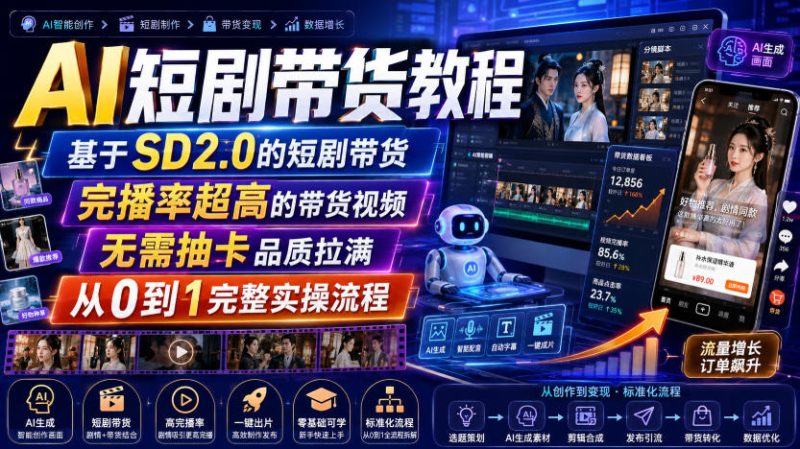 AI短剧带货教程,基于SD2.0的短剧带货,完播率超高的带货视频,无需抽卡品质拉满,从0到1完整实操流程 - 严选资源大全 - 严选资源大全