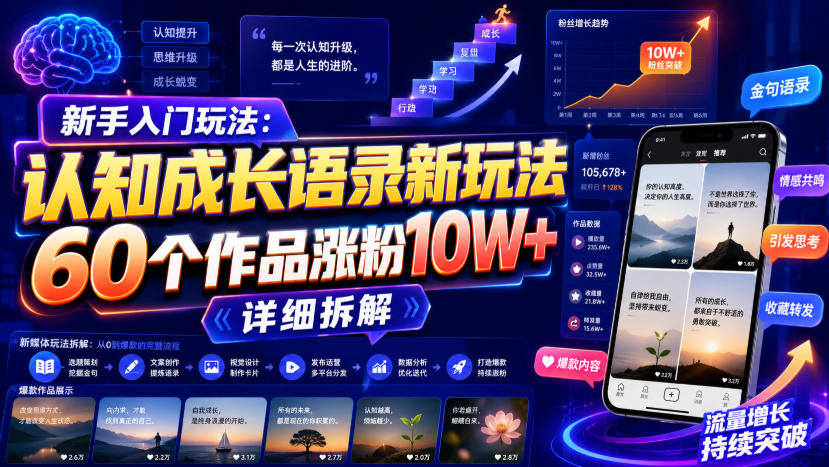 新手入门玩法:认知成长语录新玩法,60个作品涨粉10W+,详细拆解 - 严选资源大全