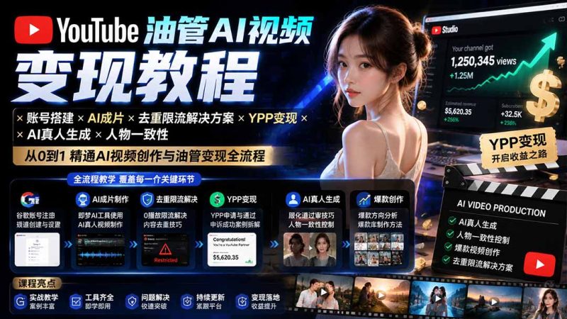 YouTube油管AI视频变现教程-更新:账号搭建×AI成片×去重限流解决方案×YPP变现×AI真人生成×人物一致性 - 严选资源大全 - 严选资源大全