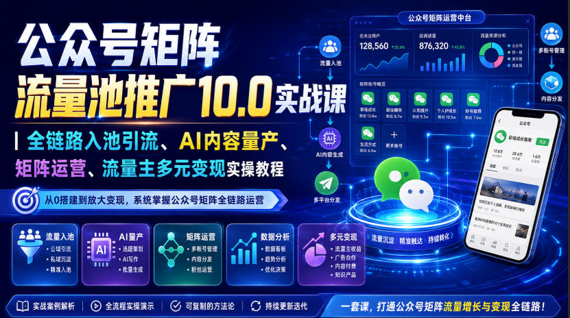 公众号矩阵流量池推广10.0实战课｜全链路入池引流、AI内容量产、矩阵运营、流量主多元变现实操教程 - 严选资源大全