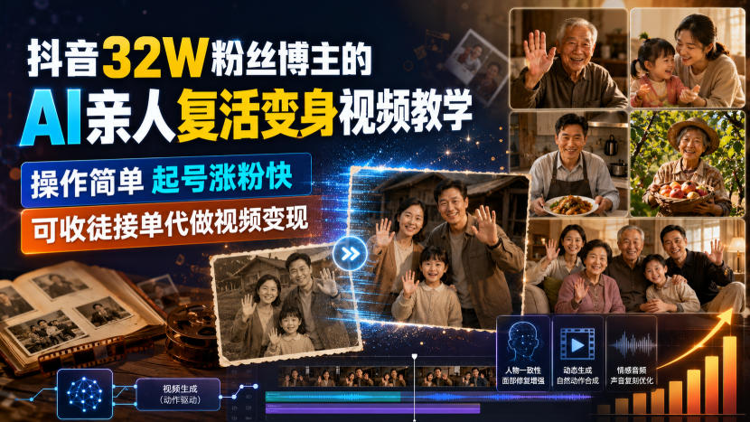 抖音32W粉丝博主的AI亲人复活变身视频教学，操作简单，起号涨粉快，可收徒接单代做视频变现 - 严选资源大全