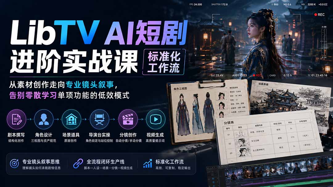 LibTV AI短剧进阶实操课标准化工作流；从素材创作走向专业镜头叙事，告别零散学习单项功能的低效模式 - 严选资源大全