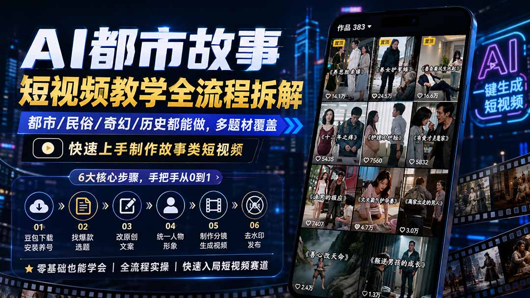 AI都市故事短视频教学全流程拆解;都市/民俗/奇幻/历史都能做多题材覆盖,快速上手制作故事类短视频 - 严选资源大全
