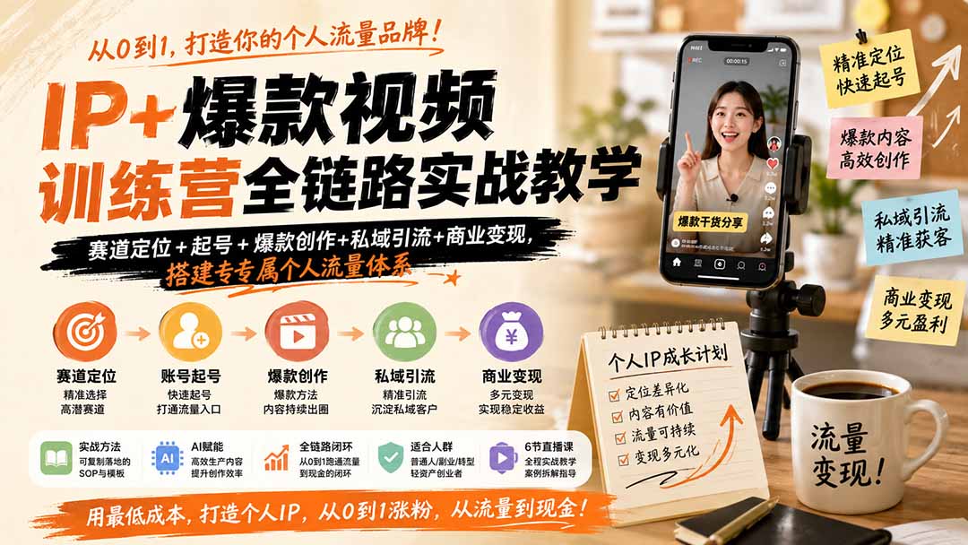 IP+爆款视频训练营全链路实战教学;赛道定位+起号+爆款创作+私域引流+商业变现,搭建专属个人流量体系 - 严选资源大全