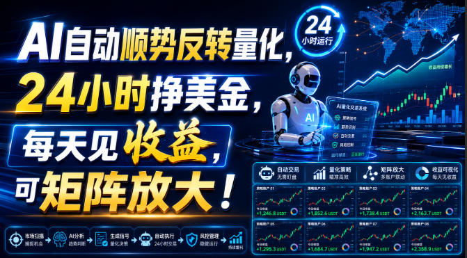 AI自动顺势反转量化,24小时挣美金,每天见收益,可矩阵放大!【揭秘】 - 严选资源大全