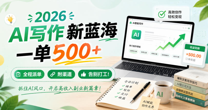 2026 AI写作新蓝海,一单500+,全程派单,附渠道,告别打工!【揭秘】 - 严选资源大全