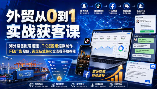 外贸从0到1实战获客课|海外设备账号搭建、TK短视频爆款制作、FB广告投放、询盘私域转化全流程落地教程 - 严选资源大全