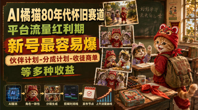 AI橘猫80年代怀旧赛道,平台流量红利期,新号最容易爆,伙伴计划-分成计划-收徒商单等多种收益 - 严选资源大全