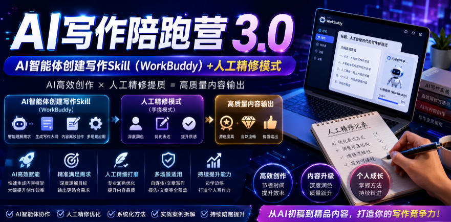 AI写作陪跑营3.0,Ai智能体创建写作skill(workbuddy)+人工手写模式(手搓模式),去除AI痕迹(头条号、公众号、百家号)(更新0814) - 严选资源大全
