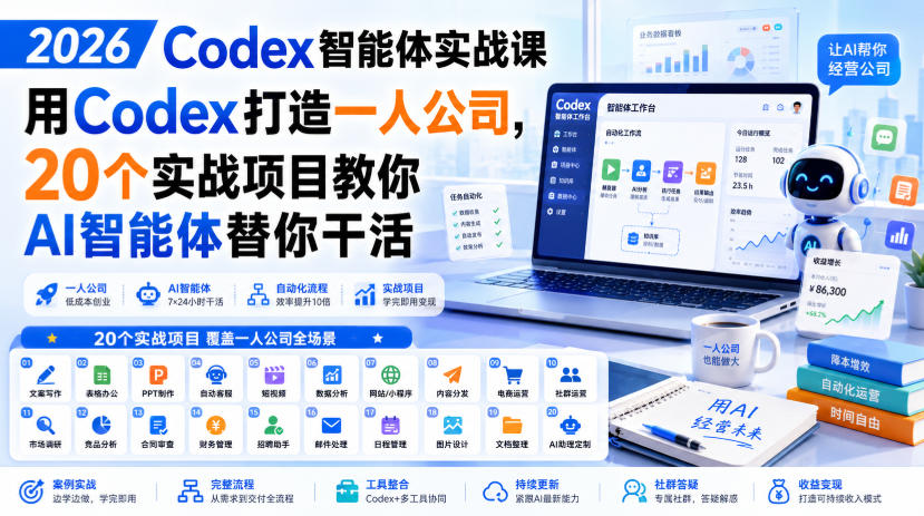 2026 Codex智能体实战课，用Codex打造一人公司，20个实战项目教你AI智能体替你干活 - 严选资源大全