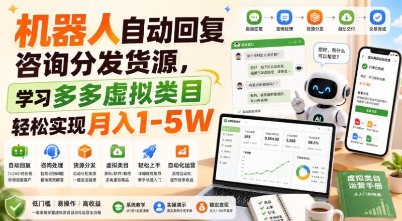 机器人自动回复咨询分发货源,学习多多虚拟类目轻松实现月入1-5W【揭秘】 - 严选资源大全 - 严选资源大全