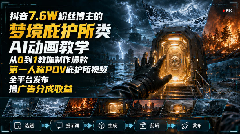 抖音7.6W粉丝博主的梦境庇护所类AI动画教学,从0到1教你制作爆款第一人称POV庇护所视频,全平台发布撸广告分成收益 - 严选资源大全