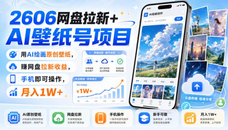 2606网盘拉新+AI壁纸号项目,用AI绘画原创壁纸,賺网盘拉新收益,手机即可操作,月入1W+ - 严选资源大全 - 严选资源大全