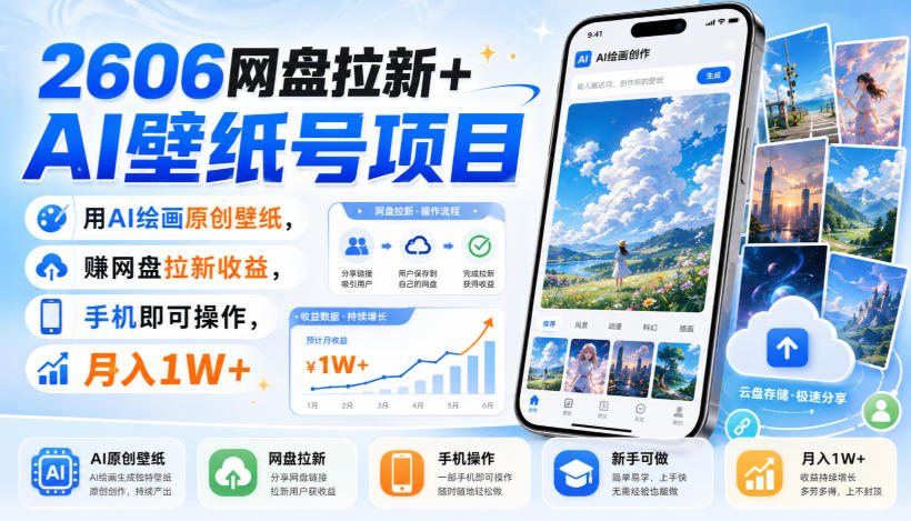 2606网盘拉新+AI壁纸号项目，用AI绘画原创壁纸，賺网盘拉新收益，手机即可操作，月入1W+ - 严选资源大全