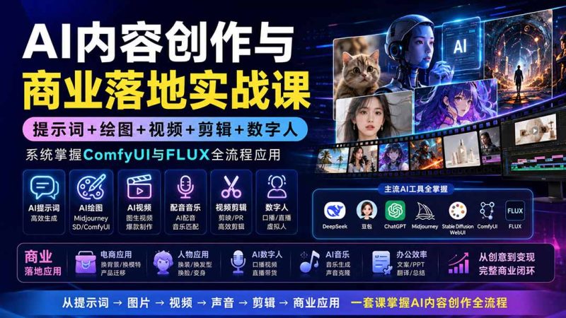 AI内容创作与商业落地实战课:提示词+绘图+视频+剪辑+数字人,系统掌握ComfyUI与FLUX全流程应用 - 严选资源大全 - 严选资源大全