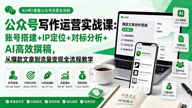 公众号写作运营实战课:账号搭建+IP定位+对标分析+AI高效撰稿,从爆款文章到流量变现全流程教学 - 严选资源大全 - 严选资源大全