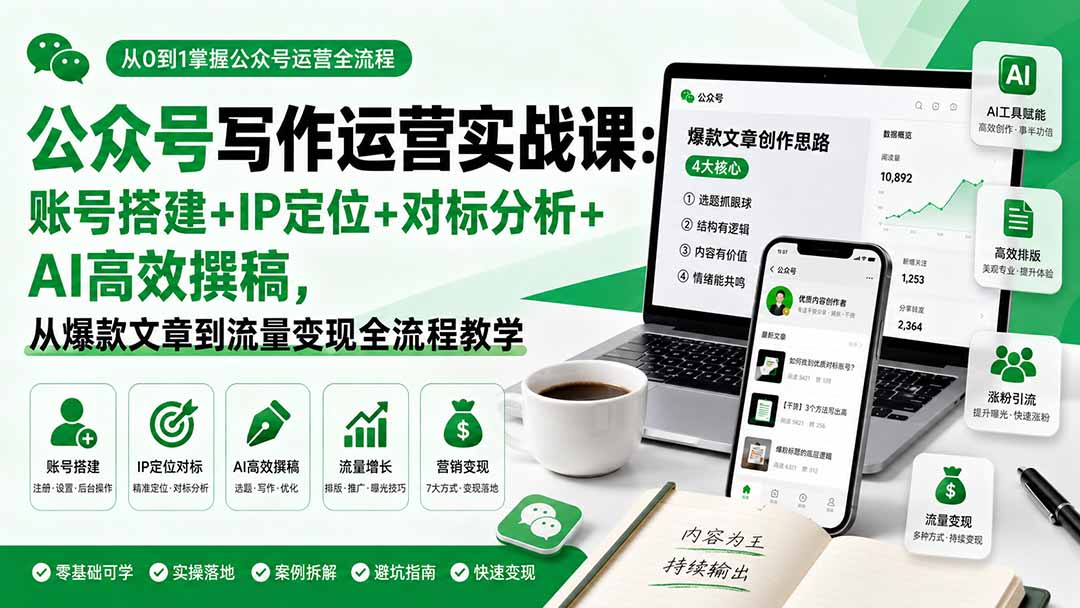 公众号写作运营实战课：账号搭建+IP定位+对标分析+AI高效撰稿，从爆款文章到流量变现全流程教学 - 严选资源大全