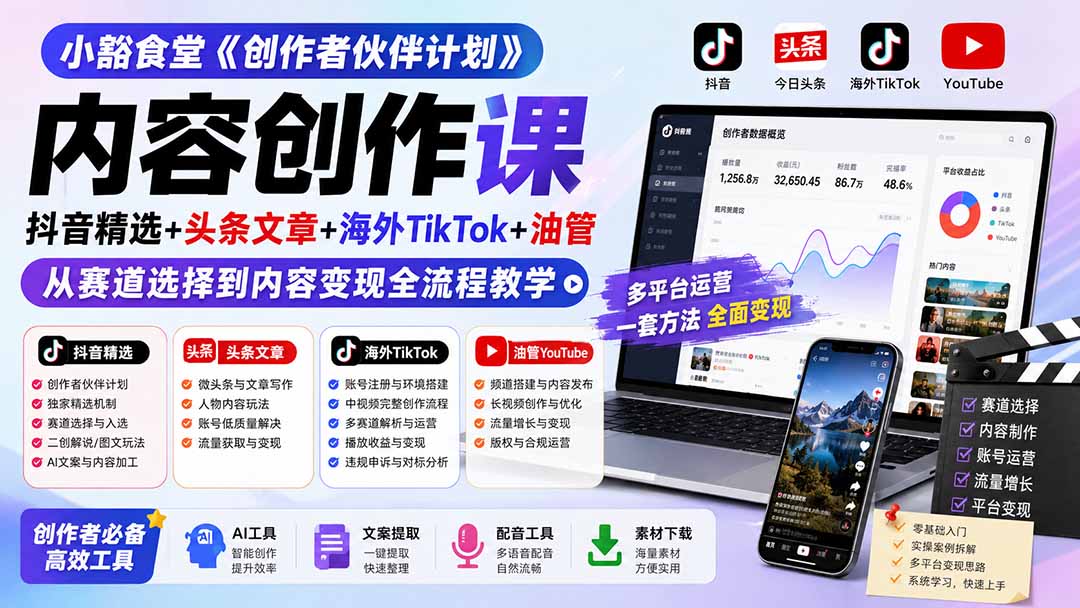 小豁食堂《创作者伙伴计划》内容创作课：抖音精选+头条文章+海外TikTok+油管，从赛道选择到内容变现全流程教学 - 严选资源大全