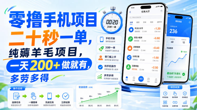零撸手机项目,二十秒一单,纯薅羊毛项目,一天200+做就有,多劳多得【揭秘】 - 严选资源大全