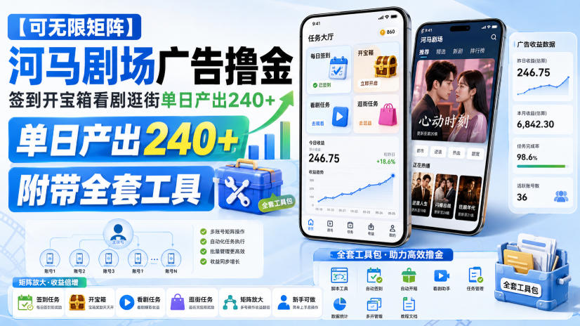 【可无限矩阵】河马剧场广告撸金，签到开宝箱看剧逛街单日产出240+，附带全套工具【揭秘】 - 严选资源大全