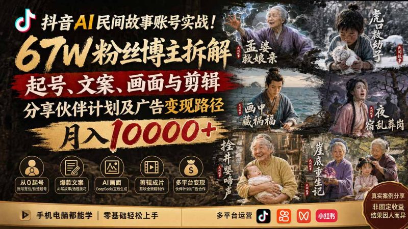 抖音AI民间故事账号实战！67W粉丝博主拆解起号、文案、画面与剪辑，分享伙伴计划及广告变现路径，月入10000+ - 严选资源大全 - 严选资源大全