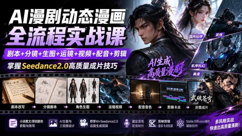 AI漫剧动态漫画全流程实战课:剧本+分镜+生图+运镜+视频+配音+剪辑,掌握Seedance2.0高质量成片技巧 - 严选资源大全 - 严选资源大全