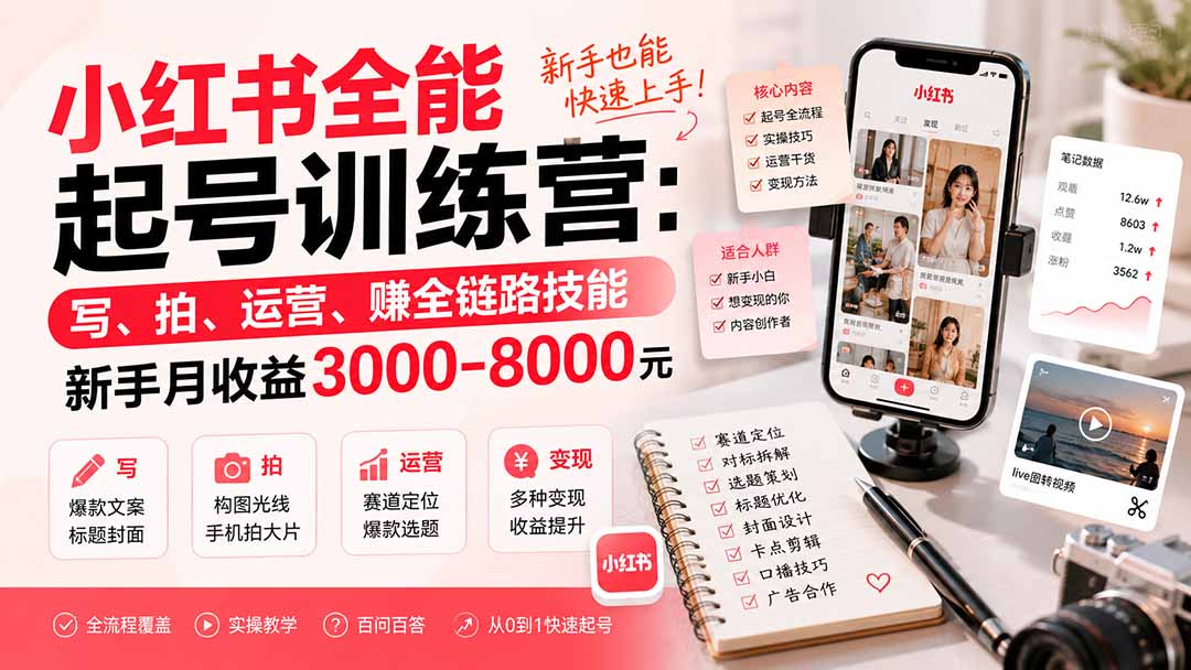 小红书全能起号训练营-更新：写、拍、运营、赚全链路技能，新手月收益3000-8000元 - 严选资源大全