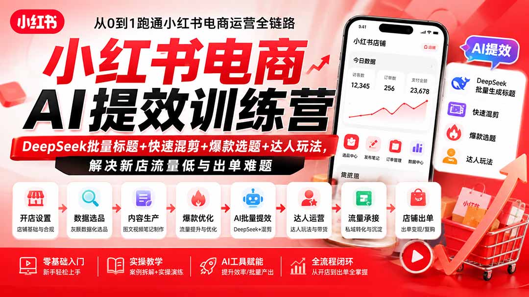 小红书电商AI提效训练营—DeepSeek批量标题+快速混剪+爆款选题+达人玩法，解决新店流量低与出单难题 - 严选资源大全