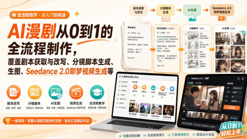 AI漫剧从0到1的全流程制作,覆盖剧本获取与改写、分镜脚本生成、角色场景生图与三视图、Seedance 2.0即梦视频生成(PDF版) - 严选资源大全 - 严选资源大全