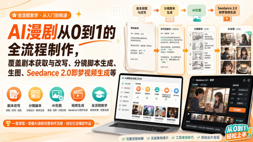 AI漫剧从0到1的全流程制作，覆盖剧本获取与改写、分镜脚本生成、角色场景生图与三视图、Seedance 2.0即梦视频生成(PDF版) - 严选资源大全