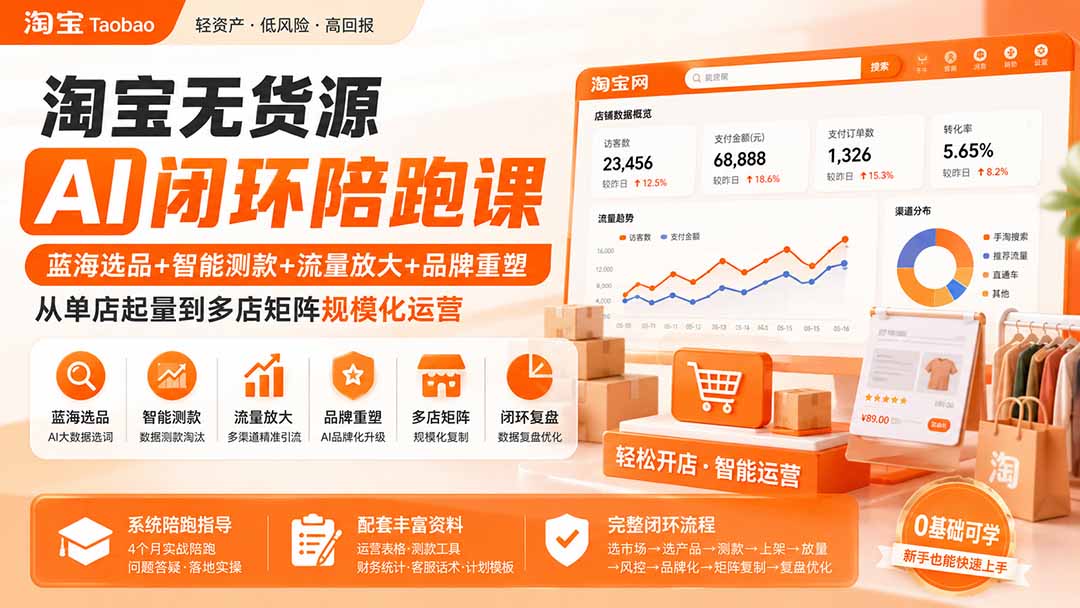 淘宝无货源AI闭环陪跑课:蓝海选品+智能测款+流量放大+品牌重塑,从单店起量到多店矩阵规模化运营 - 严选资源大全