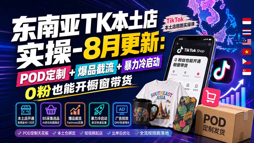 东南亚TK本土店实操-8月更新：POD定制+爆品截流+暴力冷启动，0粉也能开橱窗带货 - 严选资源大全
