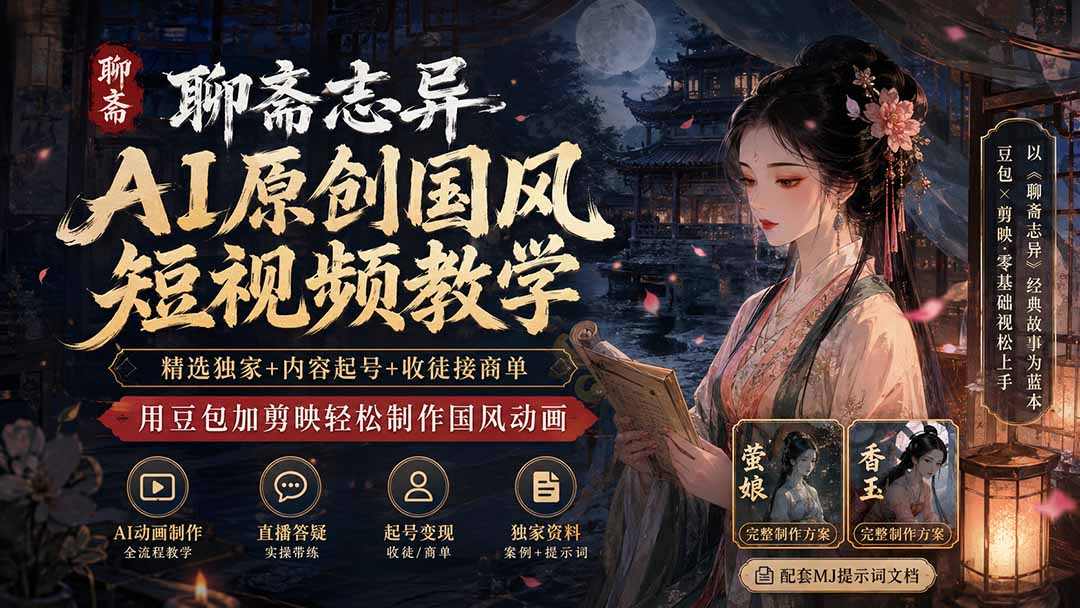 聊斋志异AI原创国风短视频教学-更新;精选独家+内容起号+收徒接商单,用豆包加剪映轻松制作国风动画 - 严选资源大全