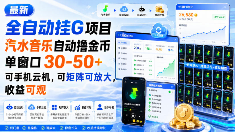 最新全自动挂G项目，汽水音乐自动撸金币单窗口30-50+，可手机云机，可矩阵可放大，收益可观 - 严选资源大全
