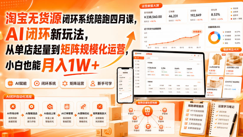 淘宝无货源闭环系统陪跑四月课，AI闭环新玩法，从单店起量到矩阵规模化运营，小白也能月入1W+ - 严选资源大全