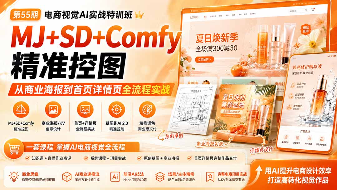 电商视觉 AI实战训练营第55期：MJ+SD+Comfy精准控图，从商业海报到首页详情页全流程实战 - 严选资源大全