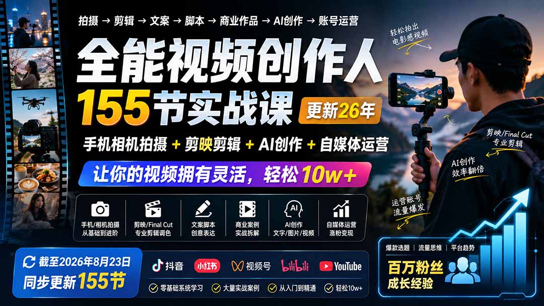 全能视频创作人155节实战课-更新26年8月：手机相机拍摄+剪映剪辑+AI创作+自媒体运营，让你的视频拥有灵活，轻松10w - 严选资源大全