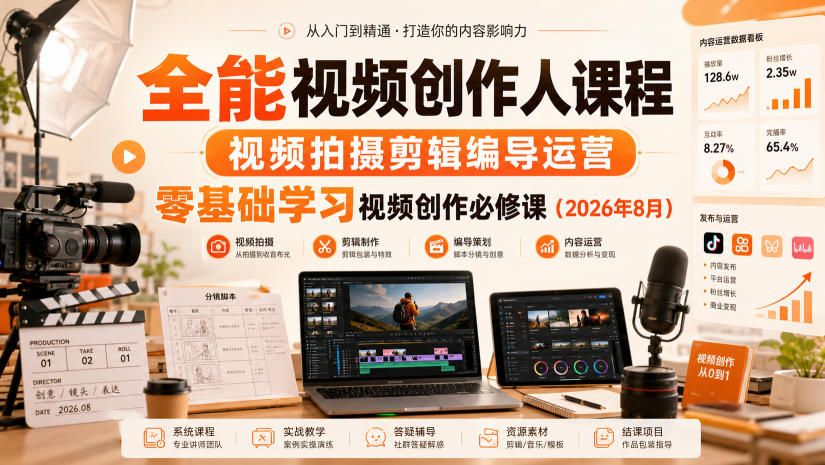 全能视频创作人课程,视频拍摄剪辑编导运营,零基础学习视频创作必修课(2026年8月) - 严选资源大全