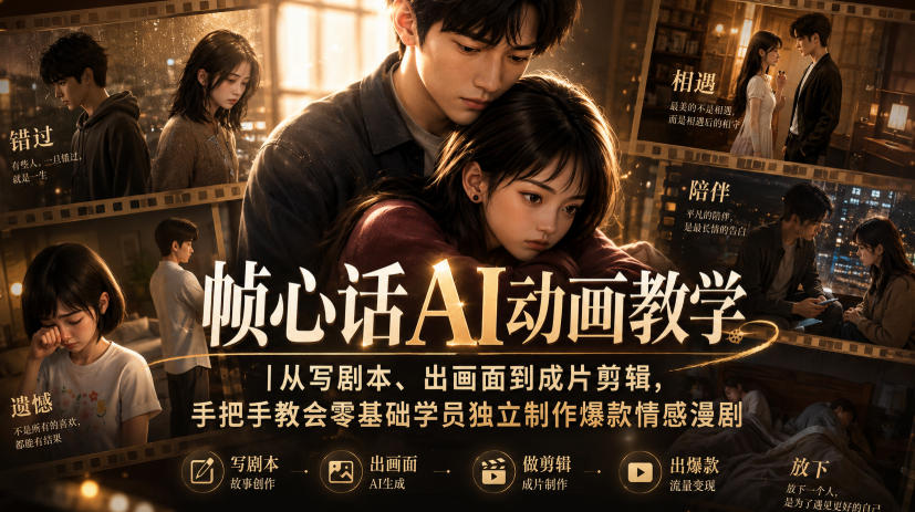 帧心话AI动画教学|从写剧本、出画面到成片剪辑,手把手教会零基础学员独立制作爆款情感漫剧 - 严选资源大全