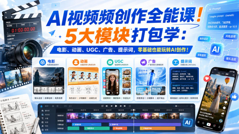 AI视频频创作全能课！5大模块打包学：电影、动画、UGC、广告、提示词，零基础也能玩转AI创作！【原创双语字幕】 - 严选资源大全