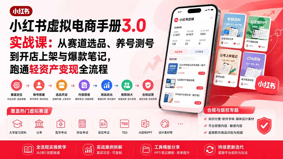 小红书虚拟电商手册3.0实战课：从赛道选品、养号测号到开店上架与爆款笔记，跑通轻资产变现全流程 - 严选资源大全