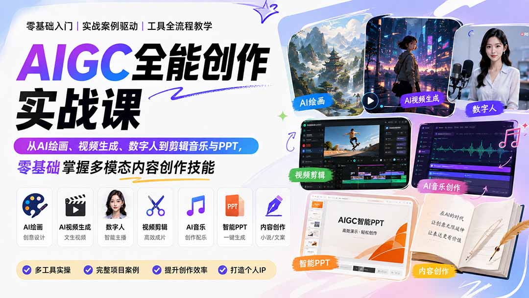 AIGC全能创作实战课：从AI绘画、视频生成、数字人到剪辑音乐与PPT，零基础掌握多模态内容创作技能 - 严选资源大全