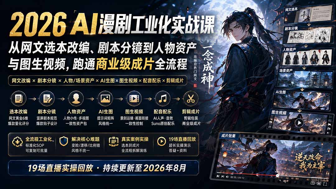 2026 AI漫剧工业化实战课-更新：从网文选本改编、剧本分镜到人物资产与图生视频，跑通商业级成片全流程 - 严选资源大全