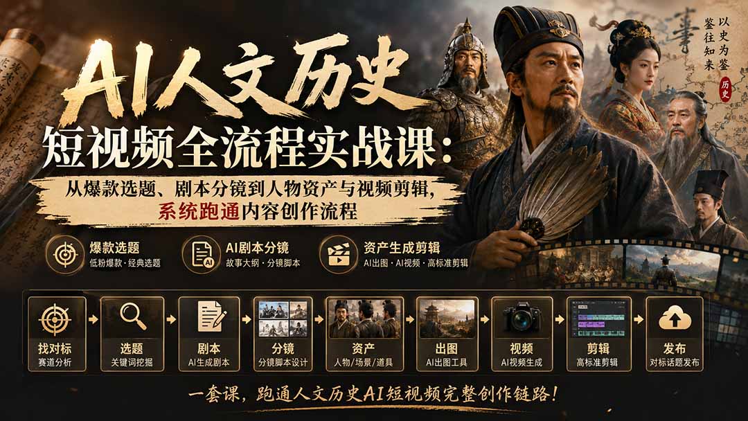 AI人文历史短视频全流程实战课：从爆款选题、剧本分镜到人物资产与视频剪辑，系统跑通内容创作流程 - 严选资源大全